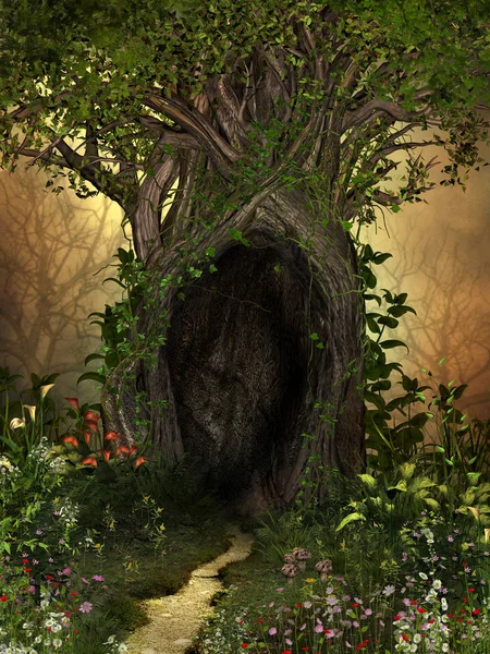 Magical tree with a cave framed by flowers — Stock Photo, Image