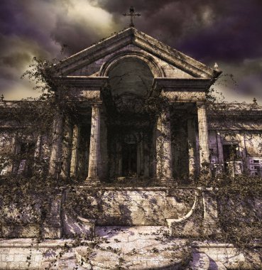 Kapı ürpertici, haunting, bir antik tapınak, kilise, mezar ya da Türbesi, kalıntıları çürüyen Ivy ile kaplı. 3D render 