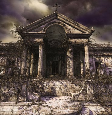 Doorway to creepy, haunting, decaying ruins of an ancient temple, church, tomb or mausoleum, covered with ivy. 3d render  clipart