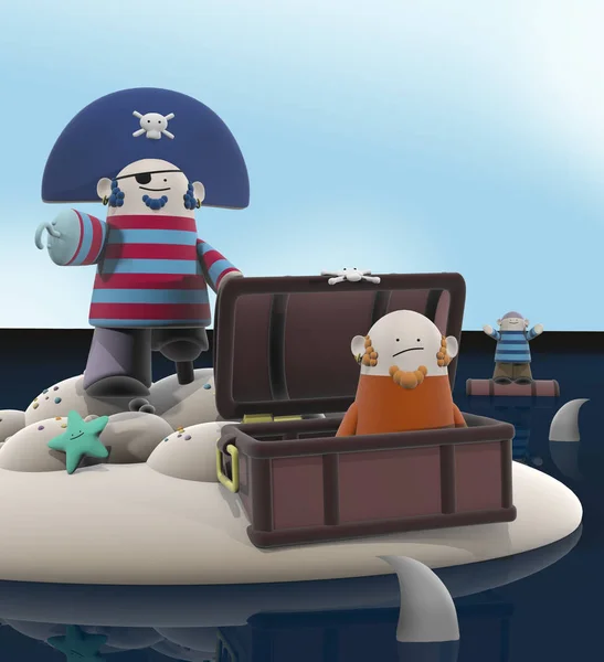 Funny 3D Cartoon Pirates stranded on an Island