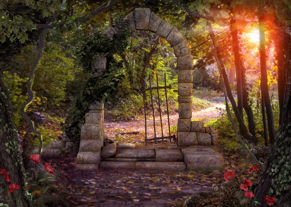 Sihirli kapı kapı bir büyülü fantezi orman yolundaki. 3D render