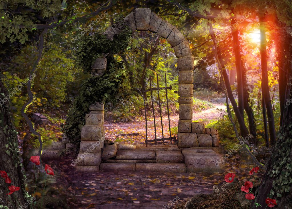 Puerta mágica camino de entrada en un bosque de fantasía encantado. 3d