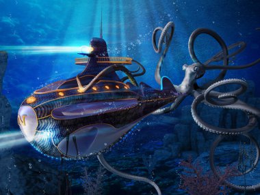 A giant squid attacks the Nautilus of captain Nemo, a scene from Jules Verne novel 20000 Leagues Under the Sea. 3d render painting clipart
