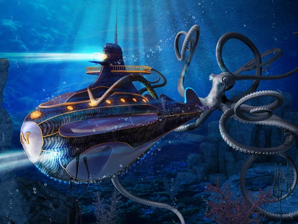 Dev bir mürekkep balığı Kaptan Nemo, Jules Verne romanı 20000 fersah deniz altında bir sahne Nautilus saldırır. 3D render boyama