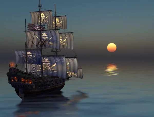 Пиратский корабль, погружающийся в закат — стоковое фото