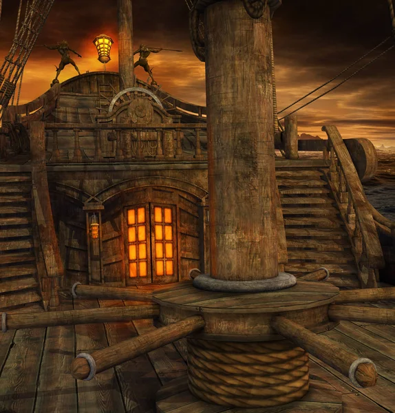 Deck de navio pirata com escadas para a cozinha — Fotografia de Stock