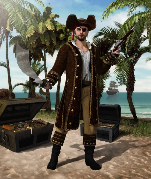 Пиратский капитан, защищающий Остров сокровищ — стоковое фото