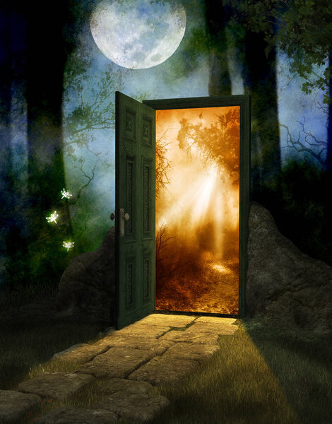 Magical fairy wood at night and full moon with a door into a new world, 3d render