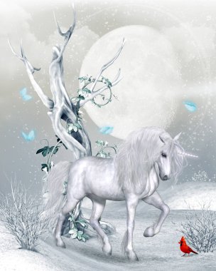 Bir dolunay, 3d render altında bir fantezi kış manzara sihirli Unicorn