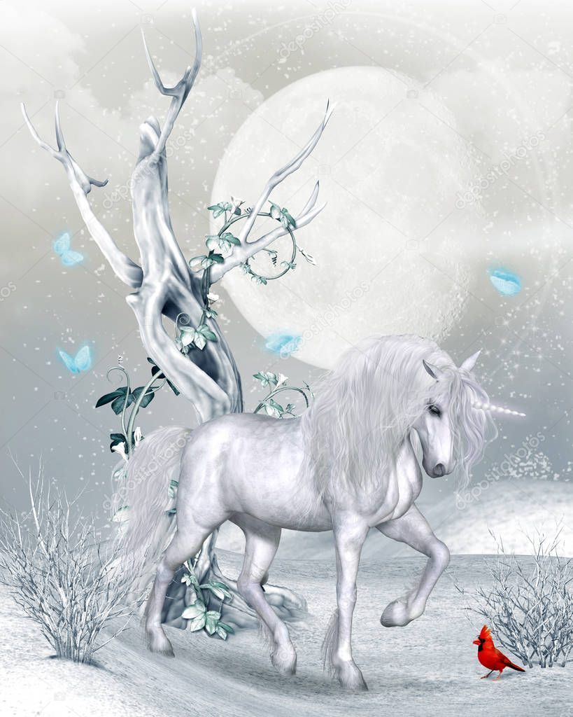 A magical Unicorn in a fantasy winter landscape under a full moon, 3d render