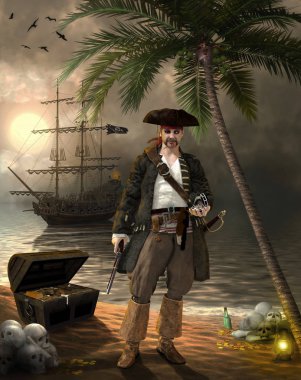 Tropik bir adada, 3d hazine ararken korkunç korsan Kaptan, bir tabanca ve bir pusula tutarak işlemek illüstrasyon