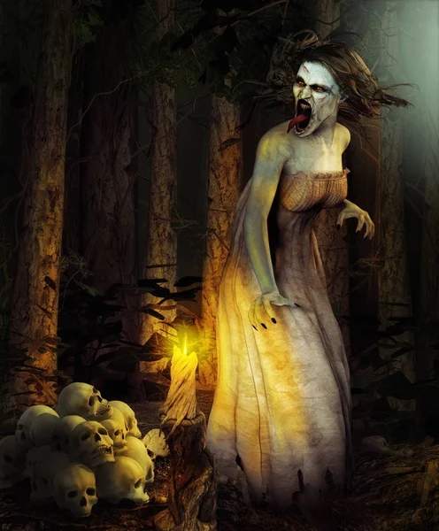 Scary demon witch surrounded by human skulls in a dark deep magical forest, 3d render painting