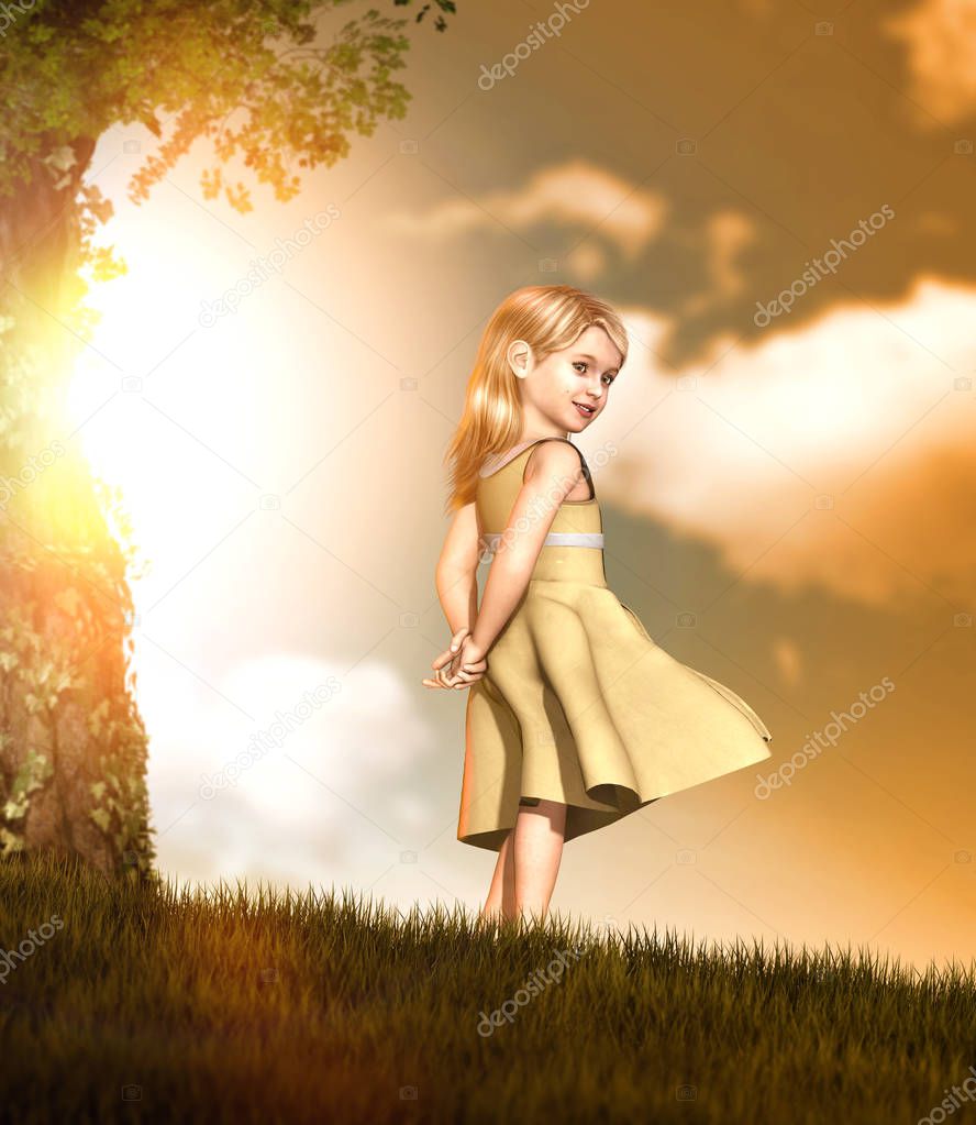 Portrait of a little blonde smiling girl in a dress at sunset