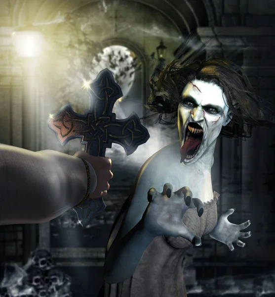 Terrifying Concept Scary Female Vampire Attacked Hunter Holy Cross Render — Stock Photo, Image