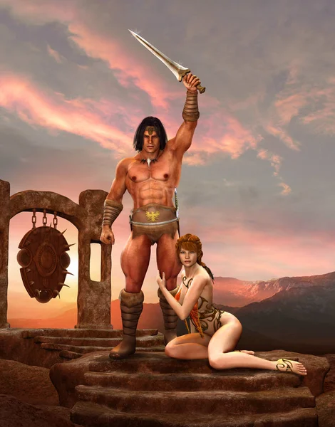 Barbarian Fantasy Warrior Poses Slave Girl — Stock Photo, Image