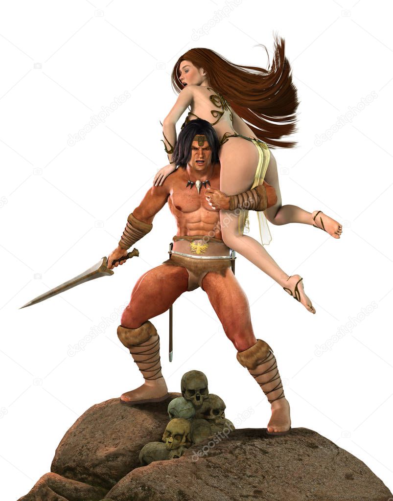 Barbarian Fantasy Warrior Fights for Princess