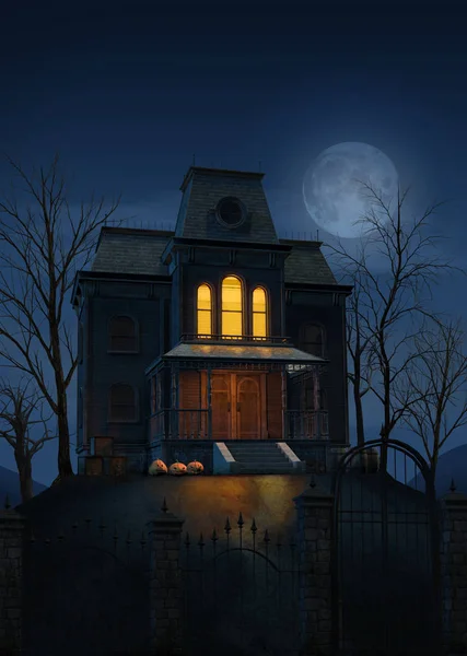 Koncepcja Halloween Upiorny Duch Nawiedzony Dom Pełni Księżyca Samotnym Wzgórzu — Zdjęcie stockowe