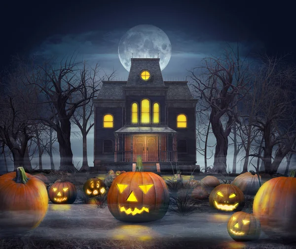Halloween-Konzept, ein gespenstisches Geisterhaus bei Vollmond in einem Kürbisfeld, 3D-Render — Stockbild Halloween Konzept Ein Gespenstisches Geisterhaus Bei Vollmond Einem Kürbisfeld Render — Stockfoto