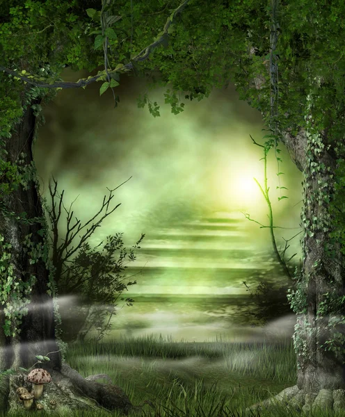Escaleras del camino del bosque a una luz celestial — Foto de Stock