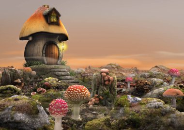 Yüksek detay fantezi sahne sihirli peri mantar ev, peyzaj, 3d render
