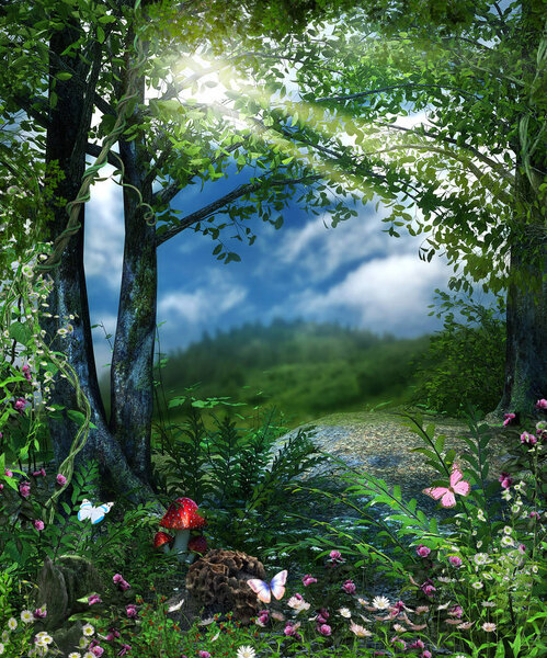Concept of a magical view from a fairy tale forest, 3d render