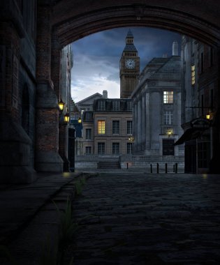 19. yüzyılda şehir bina ve Big Ben ile gece bir Londra sokak sahnenin 3D render