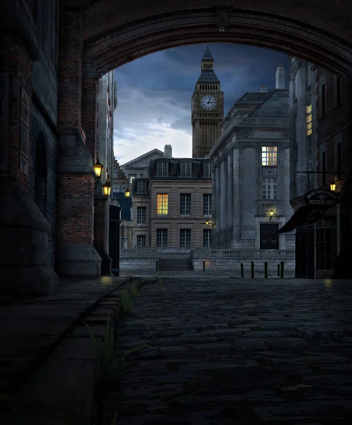 19. yüzyılda şehir bina ve Big Ben ile gece bir Londra sokak sahnenin 3D render