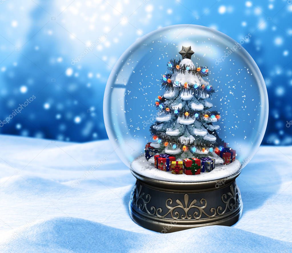 Magical Snow Globe with Christmas Tree on Blue Background, 3d render illustration