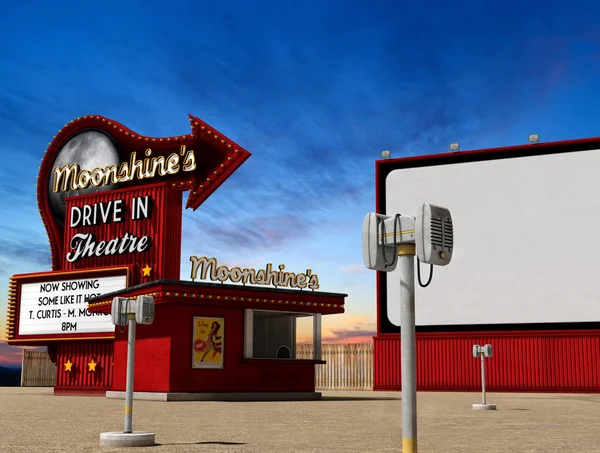 Traditional 1950s drive-in movie theater, cinema at dusk, 3d render, illustarion