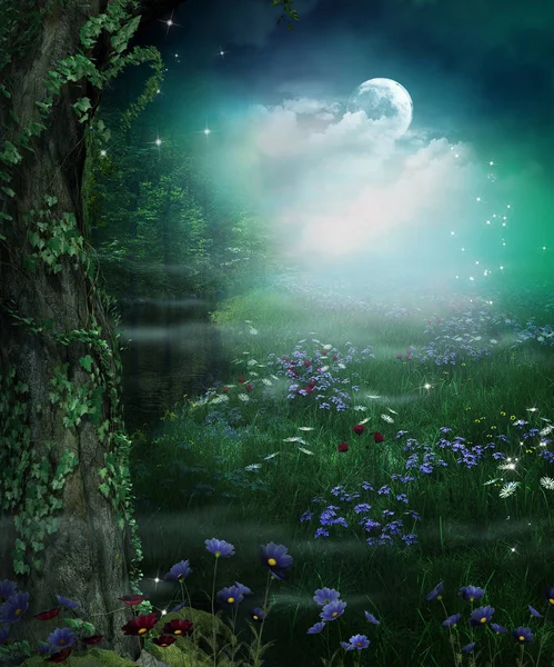 Förtrollande Fairy Forest öppning på natten och Full Moon — Stockfoto