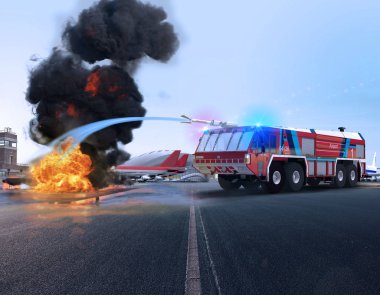 Simba itfaiye kamyonu Aksiyon, yangın, 3d dövüş görülen Havaalanı güvenliği için render, yangın söndürme, araç, rosenbauer, 