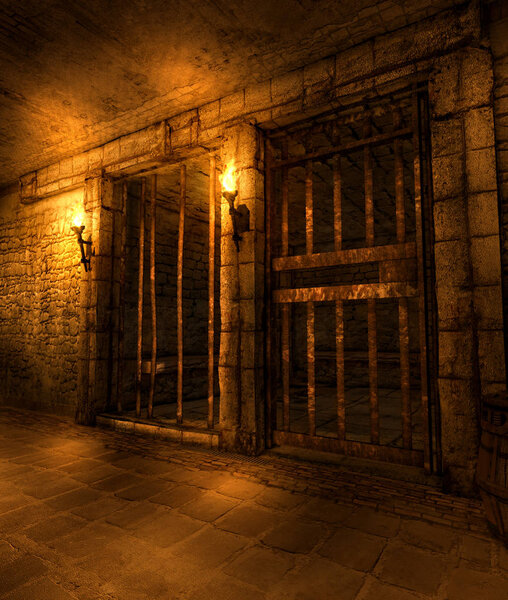 A medieval fantasy dungeon hallway lined with prison cells, illuminated by torches, 3d render