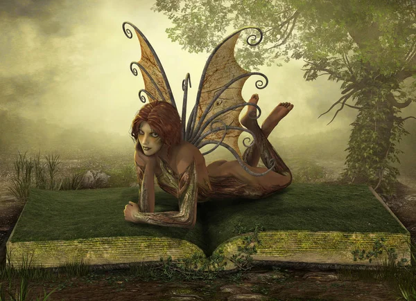 魅惑のファンタジーの風景 のレンダリングの開いた本の上に横たわる元素の地球の妖精 — ストック写真