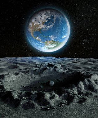 Mavi gezegen Dünya'dan ay'nın yüzeyinde bir krater