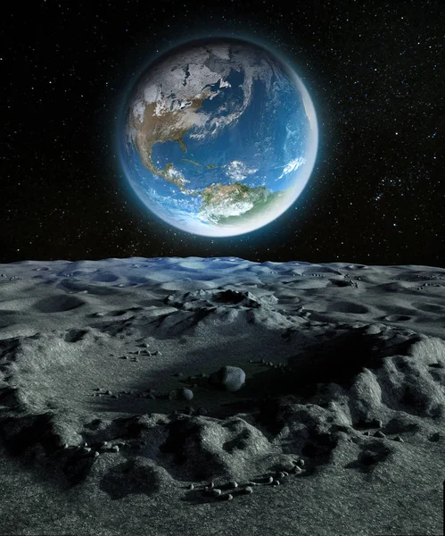 Blå Planet Jorden fra en krater på Månens overflade - Stock-foto