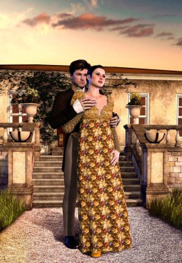 Young Loving Victorian Couple in Front of a Regency Cottage clipart