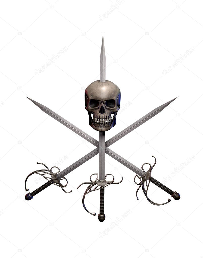 Pirate Swept Hilt Swords Cross with Human Skull