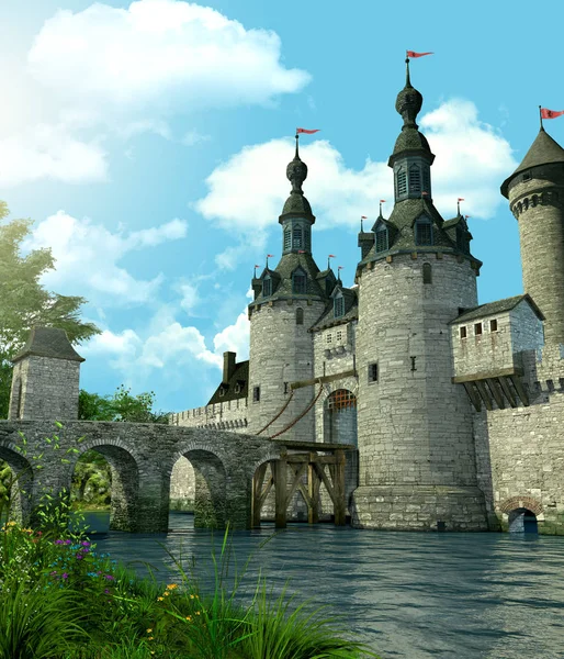 Romantisch fantasie kasteel beschermd door een gracht — Stockfoto