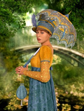Beautiful Jane Austen style woman strolling through a park clipart