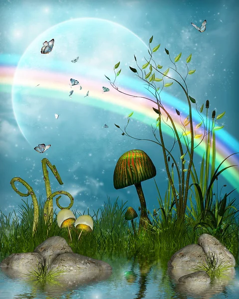 Paisagem de conto de fadas mágica abaixo de um arco-íris — Fotografia de Stock