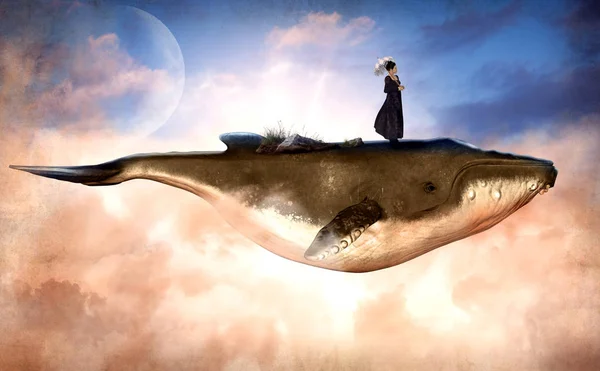 Baleia-jubarte voadora surreal e uma mulher no topo — Fotografia de Stock
