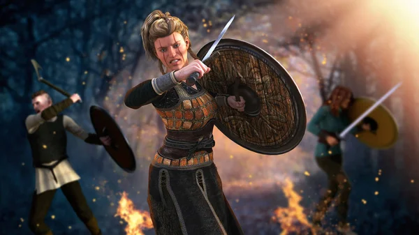 Viking Warrior Woman Fighting with Sword and Shield — Stock Photo, Image