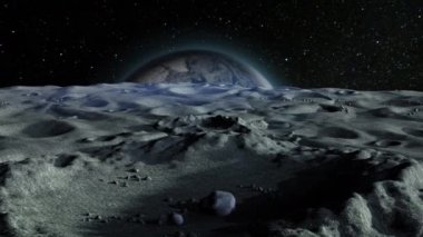 Mavi gezegen Earth, ay 'ın yüzeyinde bir kratere göre, 4k, fotorealistik 3D render