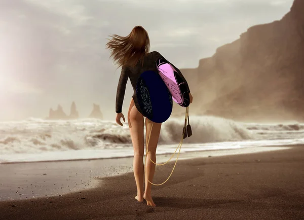 Привлекательная молодая женщина в коротком гидрокостюме с двумя досками для серфинга Wa — стоковое фото