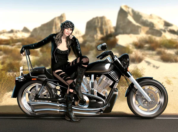 Attractive Biker Girl Sits On Her Motorcycle In A Hot Desert
