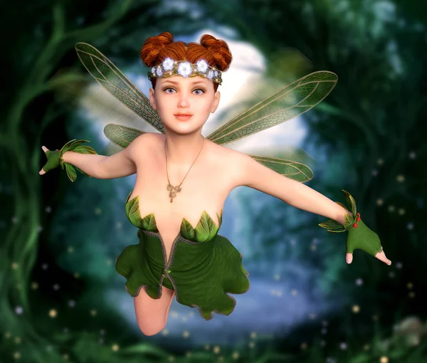 Fée attrayant fille volant à travers une forêt magique enchanteresse — Photo