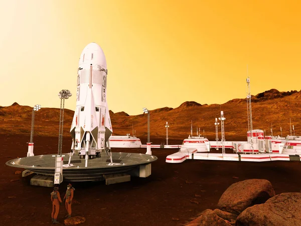 Camp de base futuriste sur Mars avec plateforme de lancement de fusée — Photo