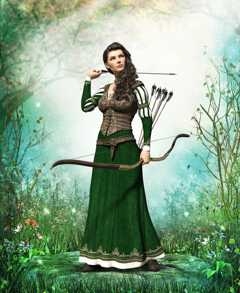Fantasy Medieval Woman Archer Protecting Mystery Forest Bow Arrow Render — Stock Photo, Image