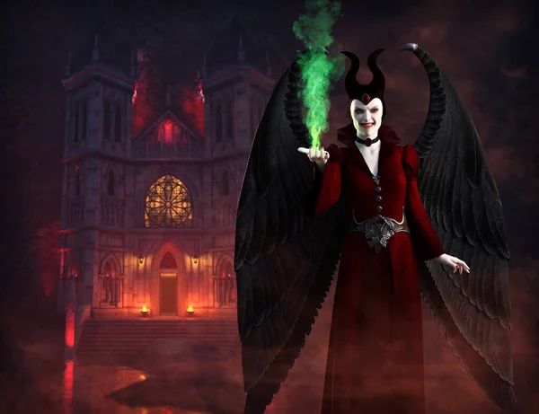 Evil Halloween Fairytale Witch Wings Casting Spell Front Hellish Building — Stock Photo, Image