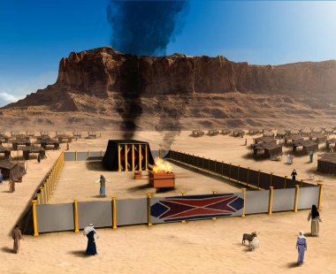 Biblical Tabernacle with altar and Jewish tent camp, Israel, 3d render. clipart